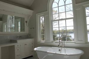 There are many different types of paint finished for walls. This bathroom was painted with a satin finish