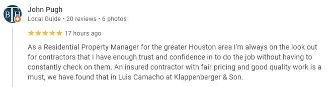 Klappenberger & Son Google Review Houston Texas