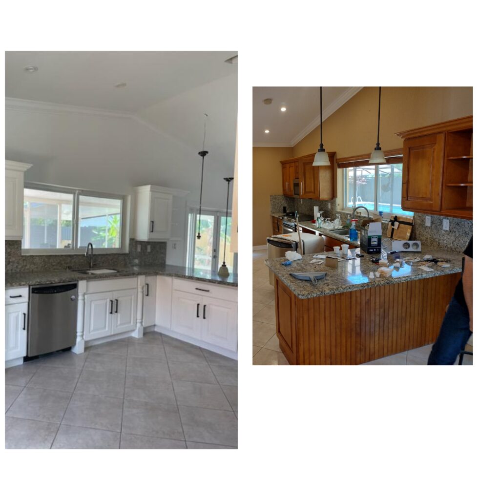 painters in Montgomery County with a before and after picture of painting kitchen cabinets
