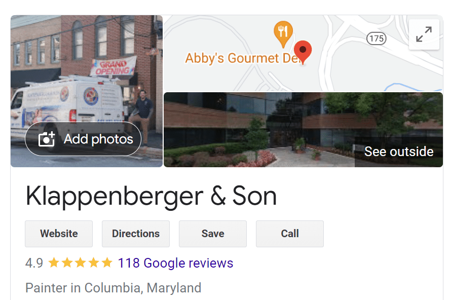 Klappenberger & Son Columbia MD Google maps picture with link