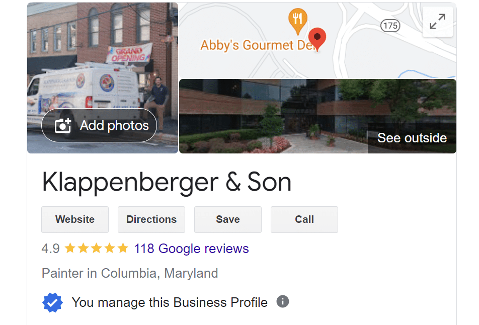 Klappenberger & Son Google Maps and Google Review Page