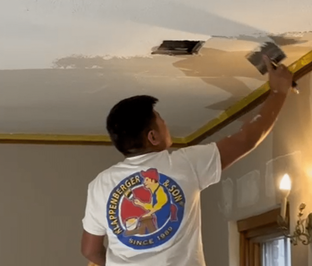 Now that the popcorn ceiling is removed in Atlanta, we can skim-coat the ceiling for a perfectly smooth ceiling. Bu Klappenberger & Son