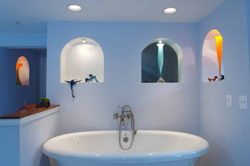 interior painting in Howard County bathroom with frogs decoration hanging from walls. Klappenberger & Son project