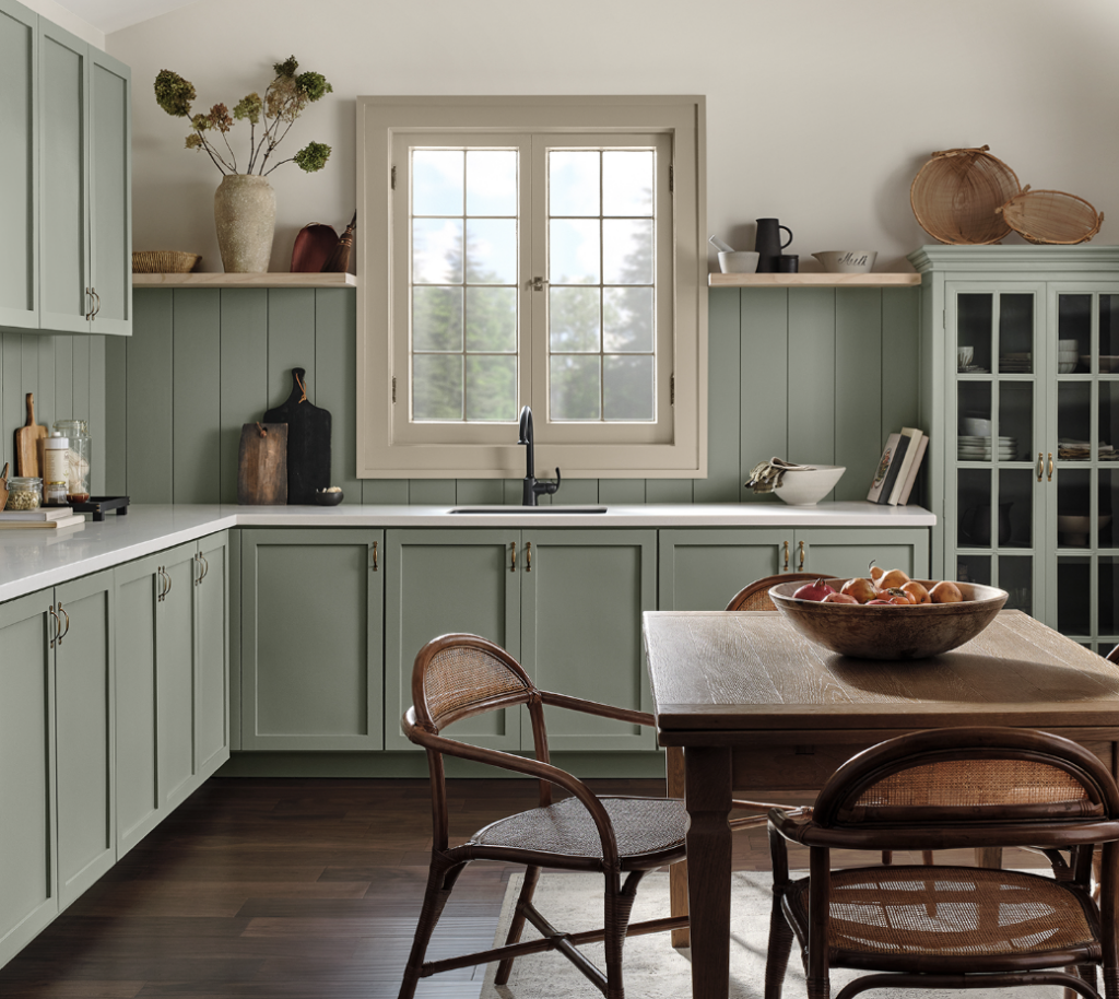 2025 Kitchen Cabinet Painting Trends: evergreen fog by sherwin williams