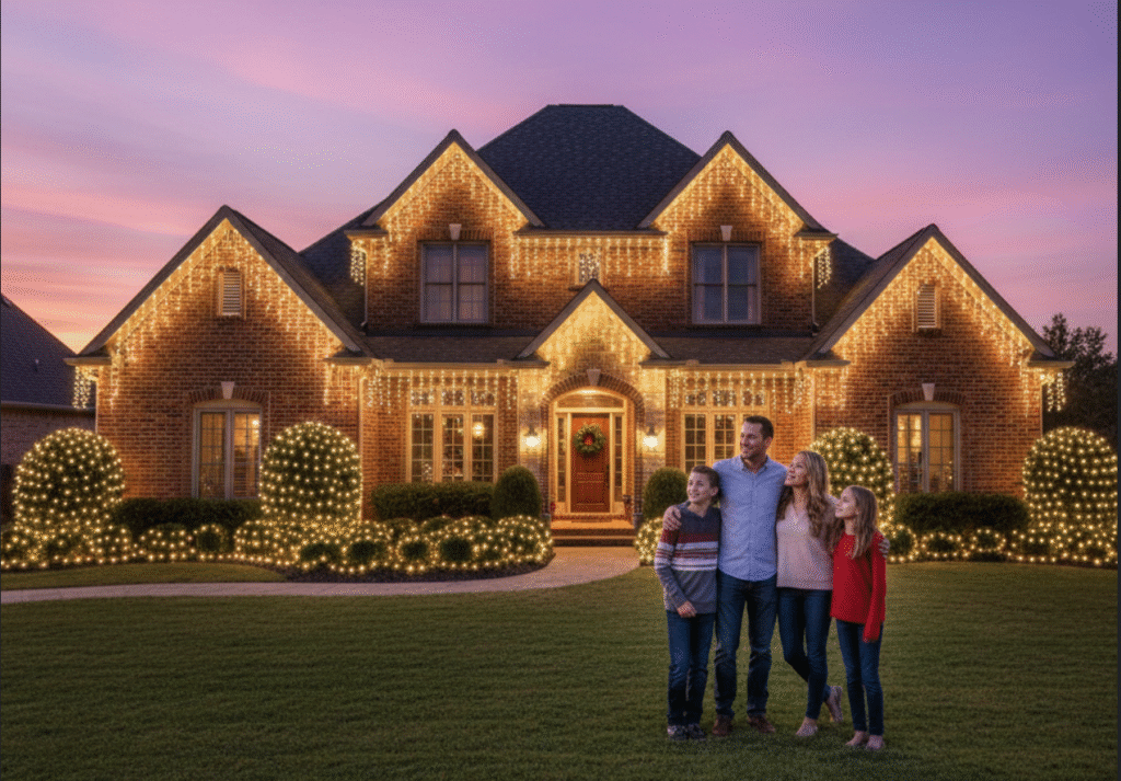 Happy family after Christmas lights Installation