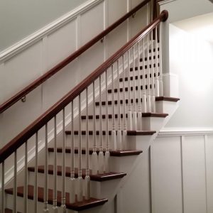 Wanes cote Staircase (2) Wanescote molding was installed on wall and upstairs as well